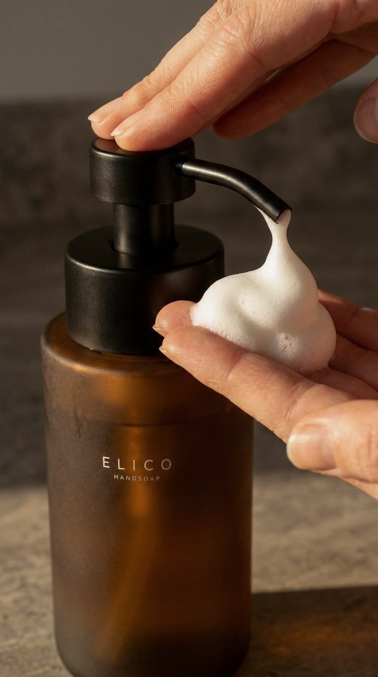 Foam is pumped from the dispenser into a hand