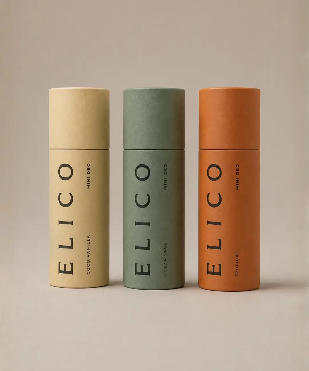 Mini Deo in all three scents — Coco Vanilla, Ocean & Sage and Tropical — in a paperboard tube