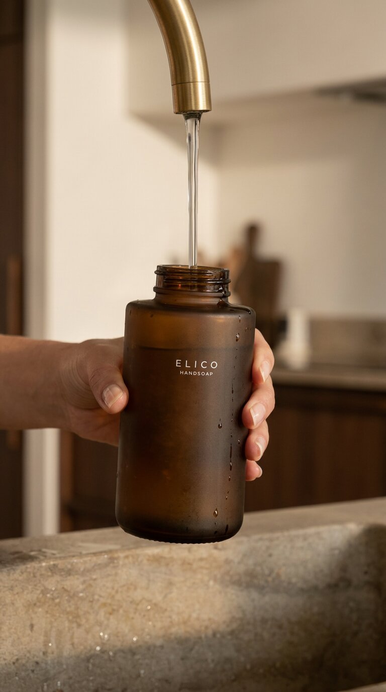 A hand fills an amber bottle with tap water