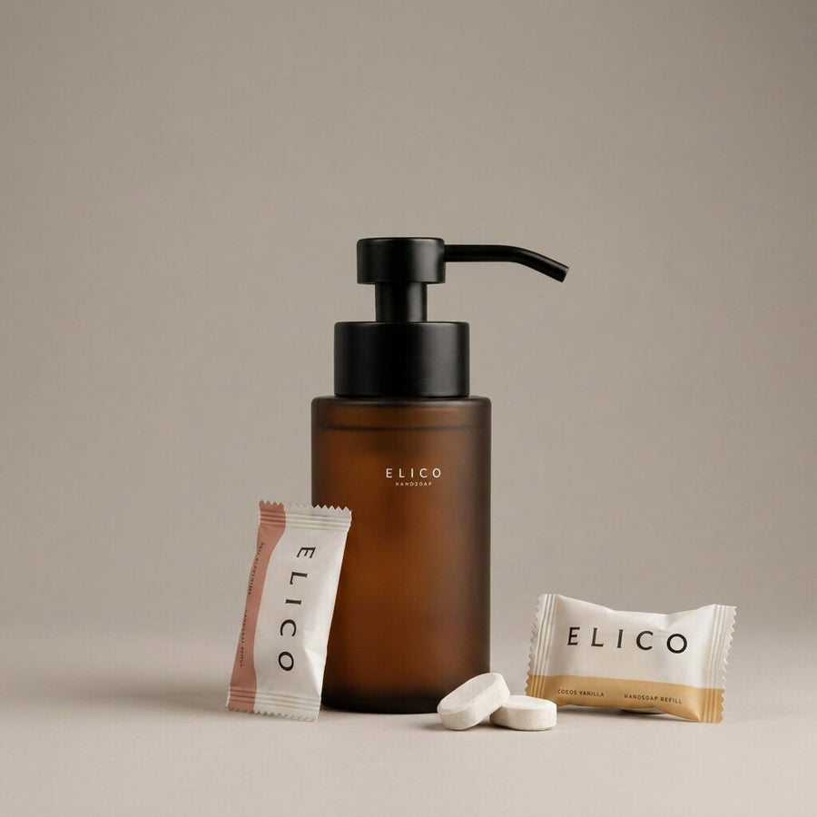 Hand Soap Starter Kit: 300 ml dispenser in frosted glass with a matte black pump and refill tablets