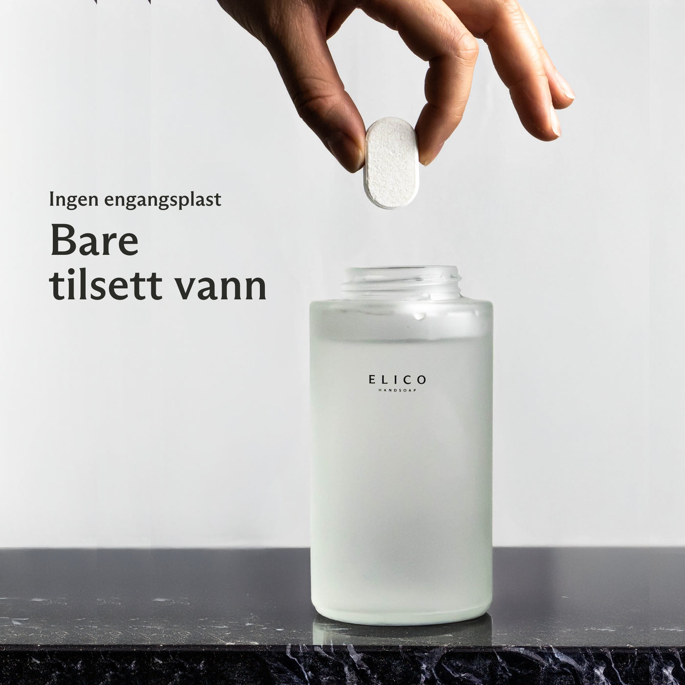 Refill såpe tablett til håndsåpe fra Elico, blandes med vann i glassdispenser – uten engangsplast"