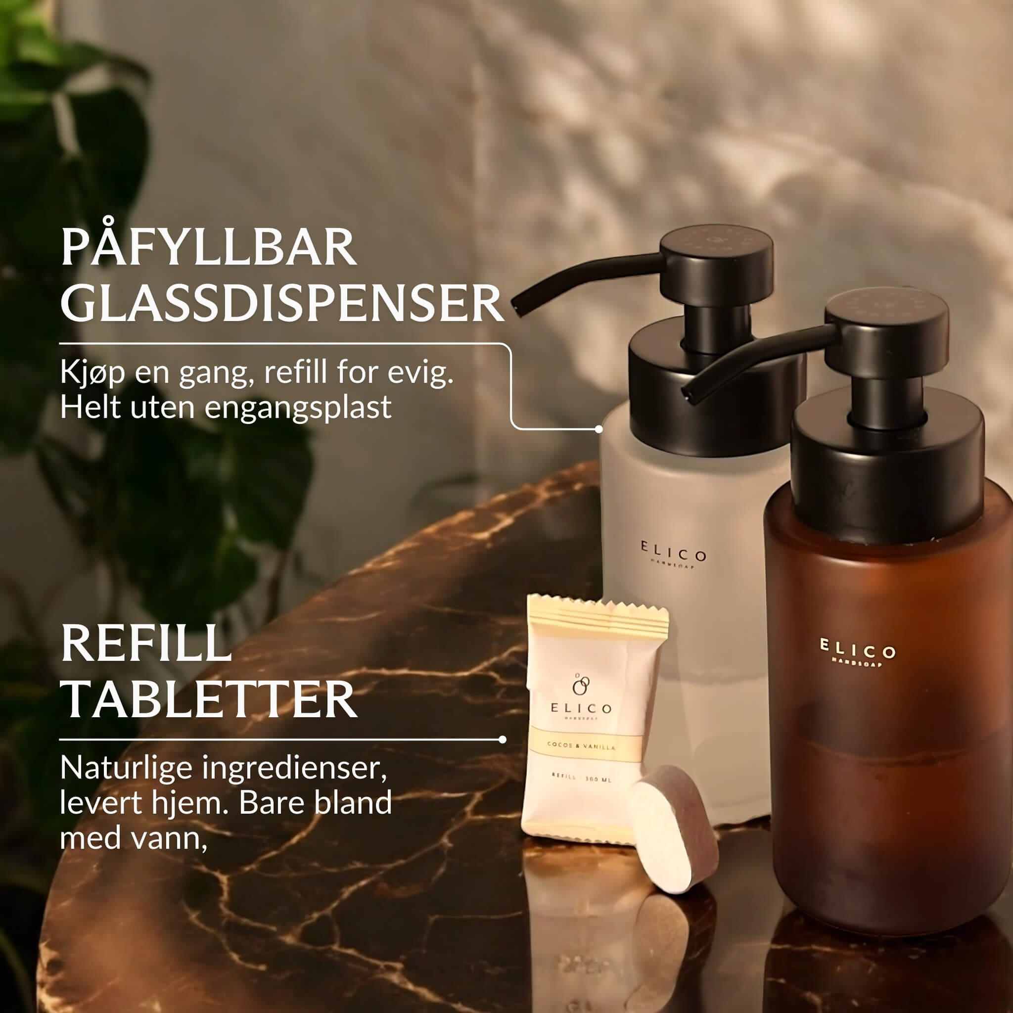 Refillable glass dispensers and eco-friendly refill tablets for hand soap from Elico, made with natural ingredients and free from single-use plastic