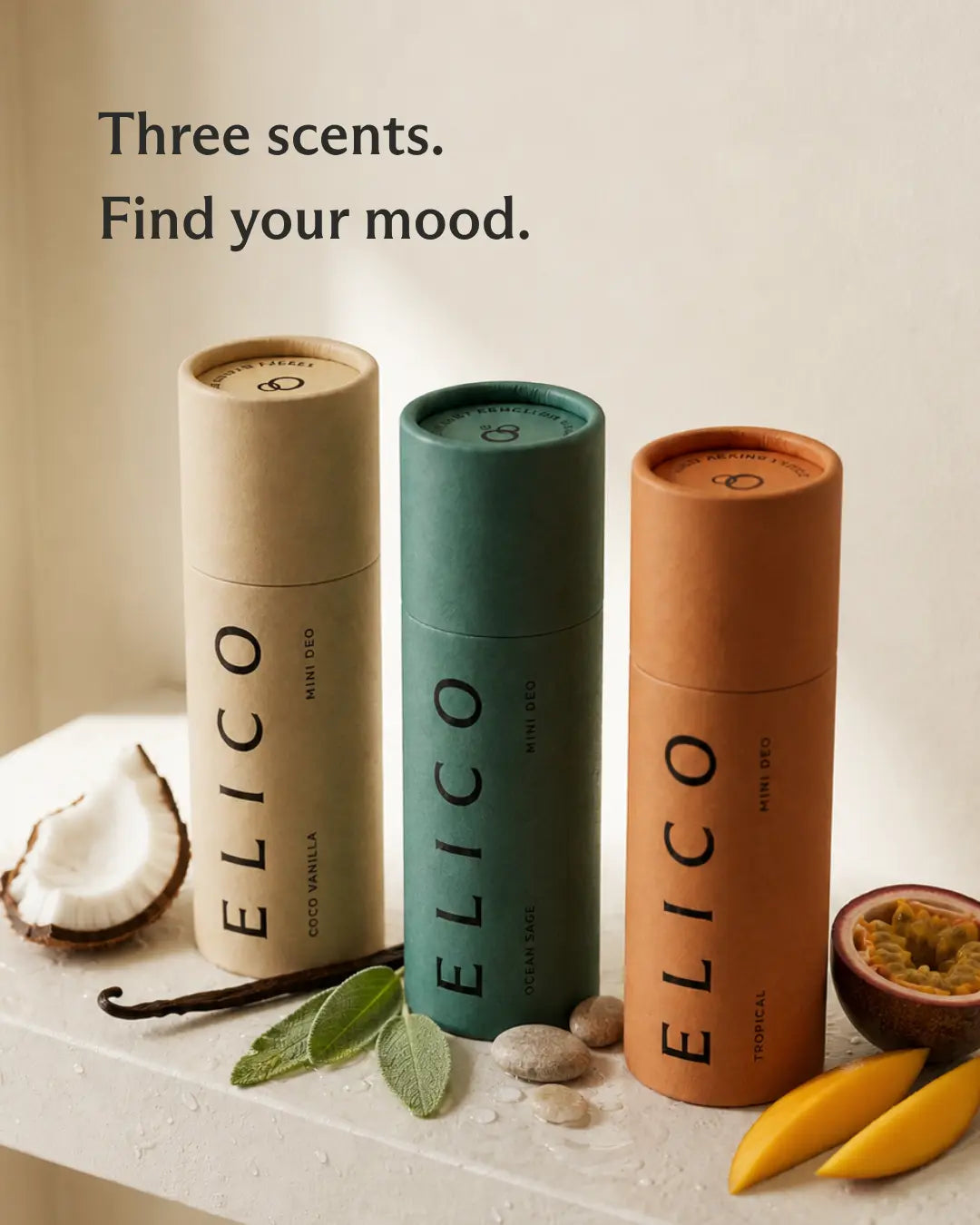Mini Deo i tre dufter omgitt av kokos, vaniljestang, salvie og mango